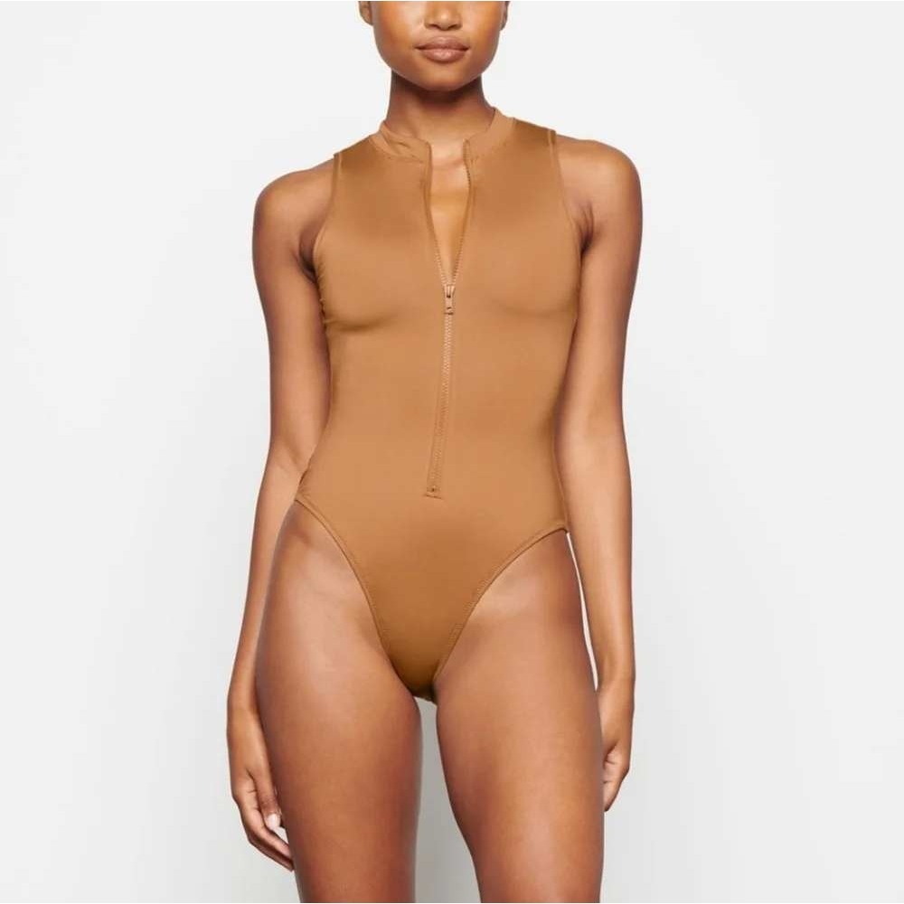 SKIMS Swim Zip Front Sleeveless One Piece Swimsuit Ochre Tan Neutral Small S